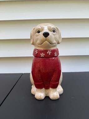 Winter Wonder Lane Ceramic Dog Cookie Jar in Red Sweater